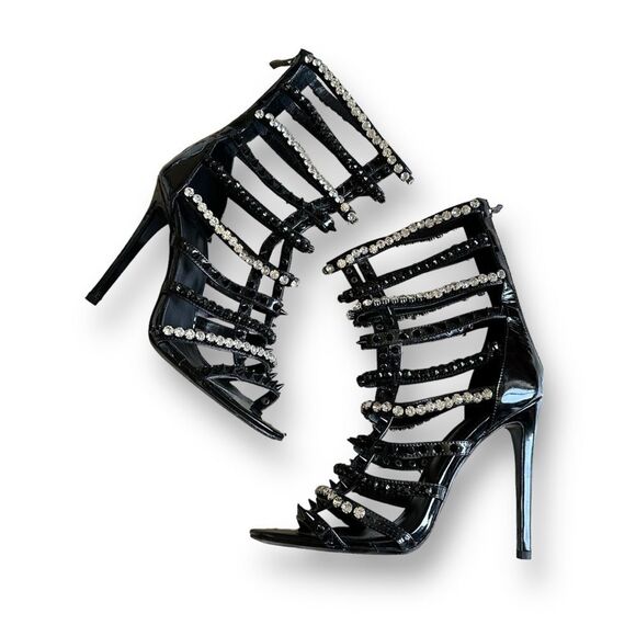 I AM JENNIFER LE Razor High Heel Black Patent Leather Crystal Sandals Size 39 - Picture 1 of 12